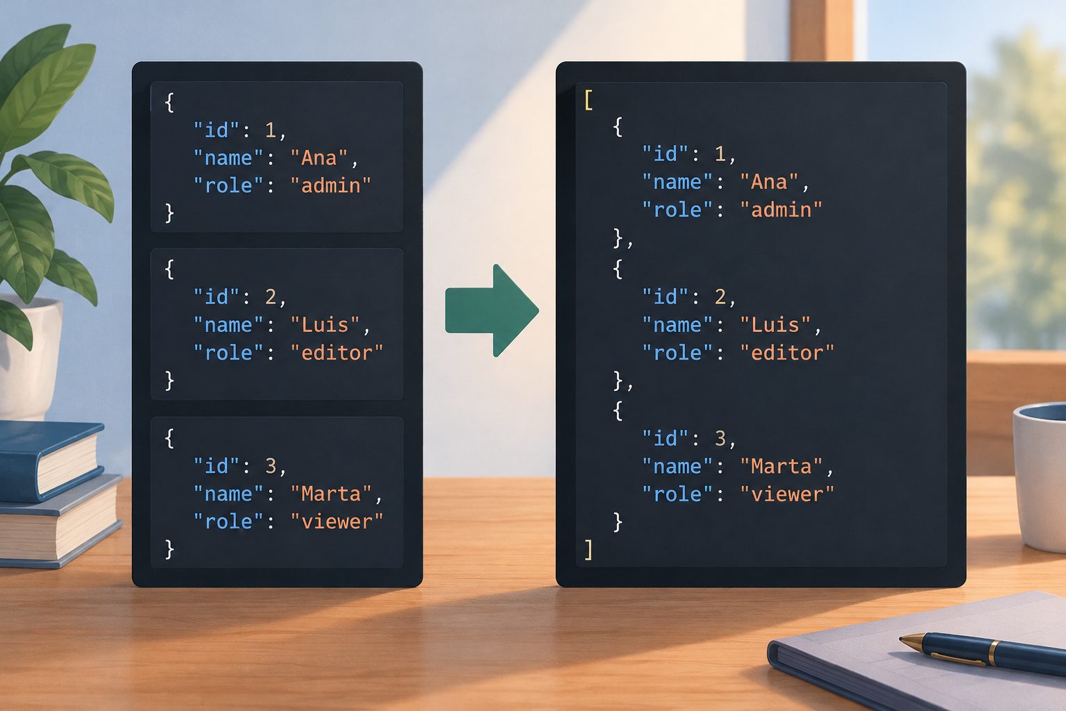 Comparaison entre des valeurs JSON présentées ligne par ligne et un tableau JSON