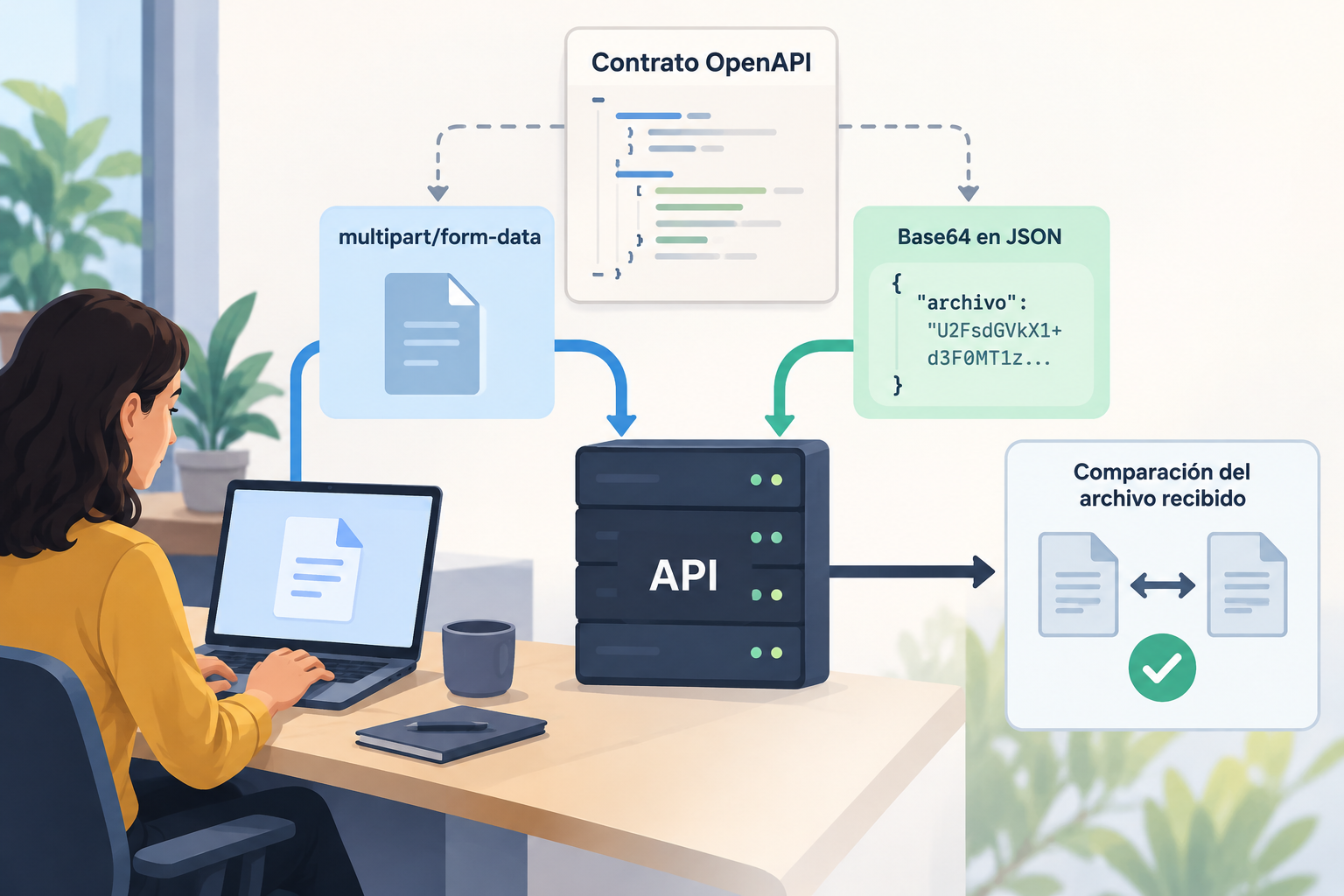 Diagramm einer Integration, das einen Multipart-Upload mit einer Base64-codierten Datei vergleicht und die Überprüfung des Ergebnisses zeigt