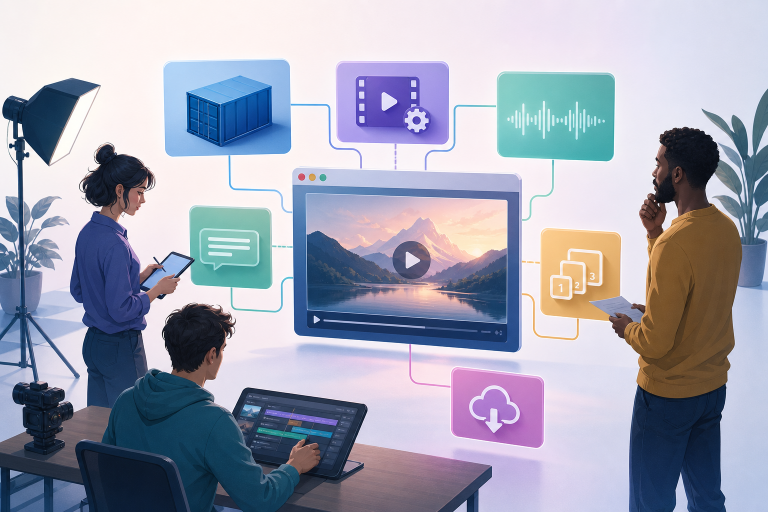 Team che controlla l’esportazione di un video web con tracce audio, sottotitoli e versioni del file