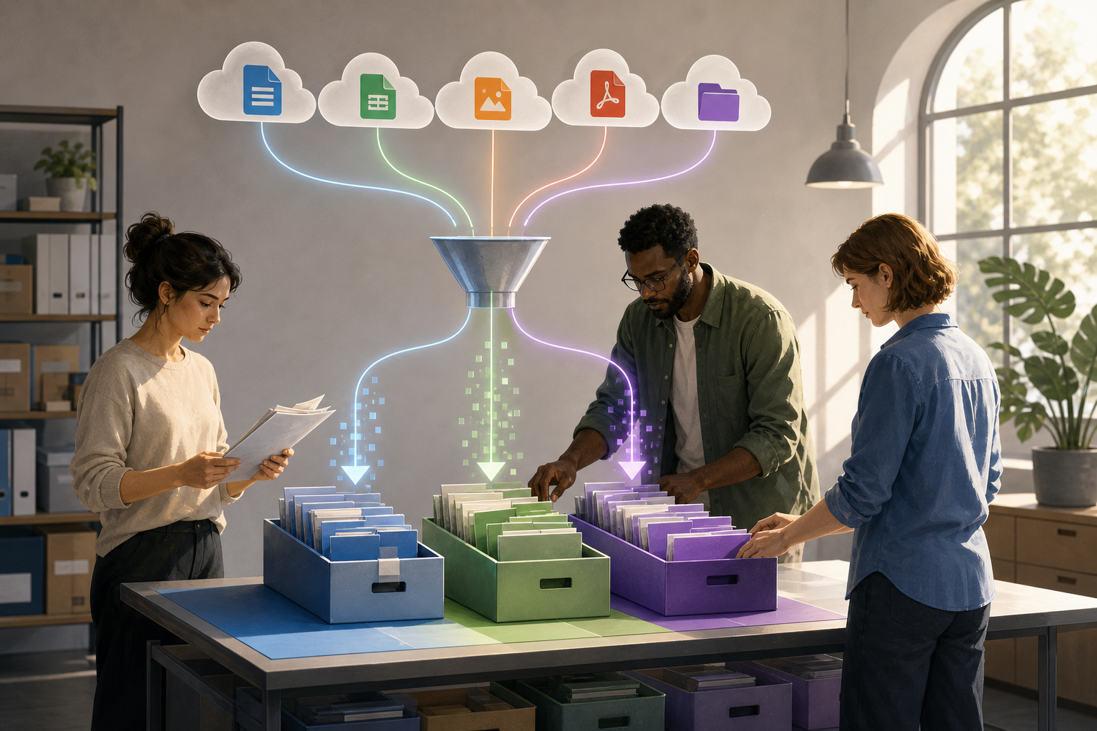Team organizing files imported from external services before converting them