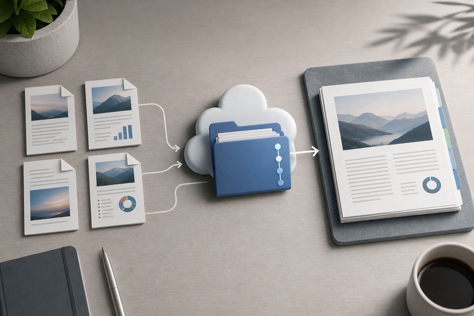 Team che organizza vari PDF originali e un dossier combinato in Apification Cloud