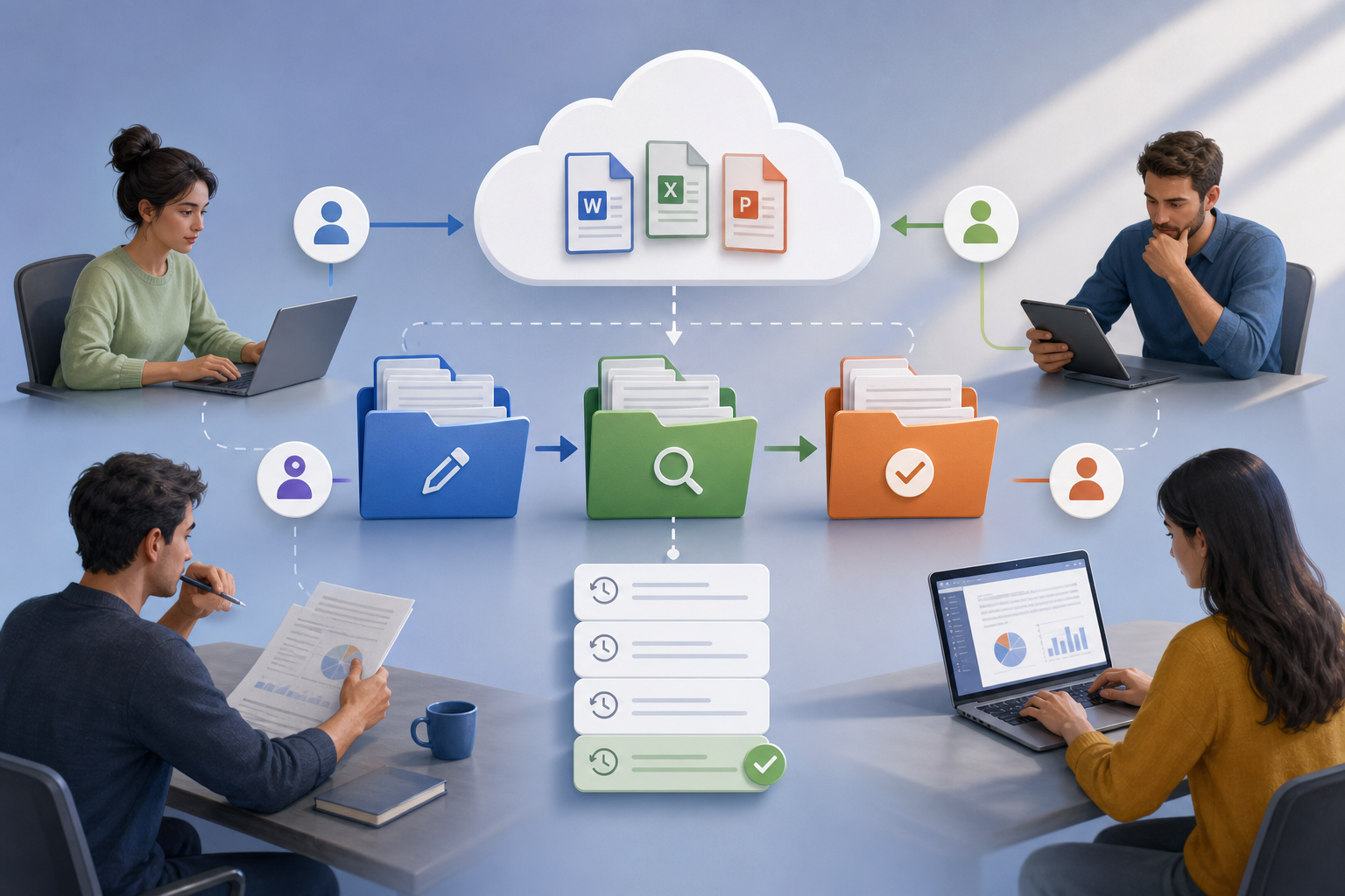 Équipe révisant des documents Office dans le cloud avec historique des versions et dossiers de livraison