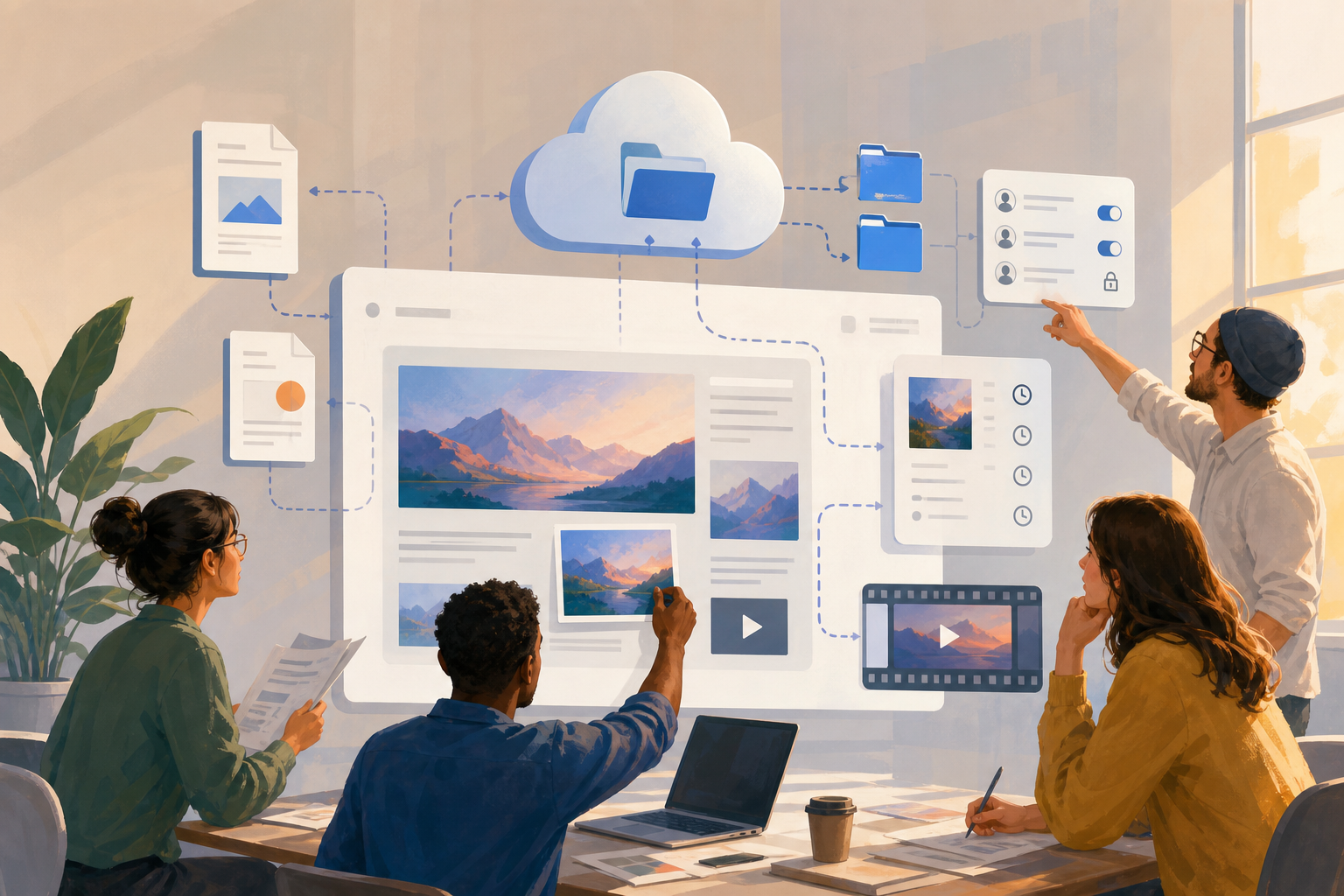 Équipe examinant une page publiée avec des fichiers, images et vidéos liés depuis Cloud