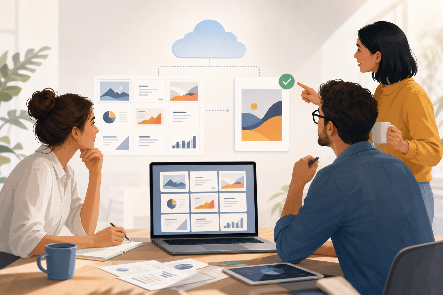 Team che rivede una presentazione modificabile prima di convertirla in PDF