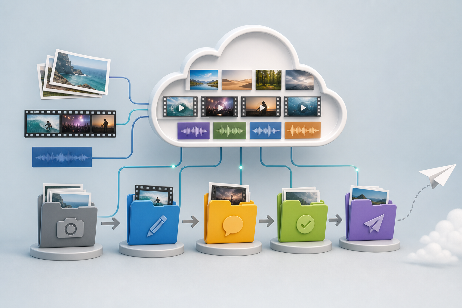 Equipo organizando originales, proyectos y exportaciones multimedia en un flujo no destructivo
