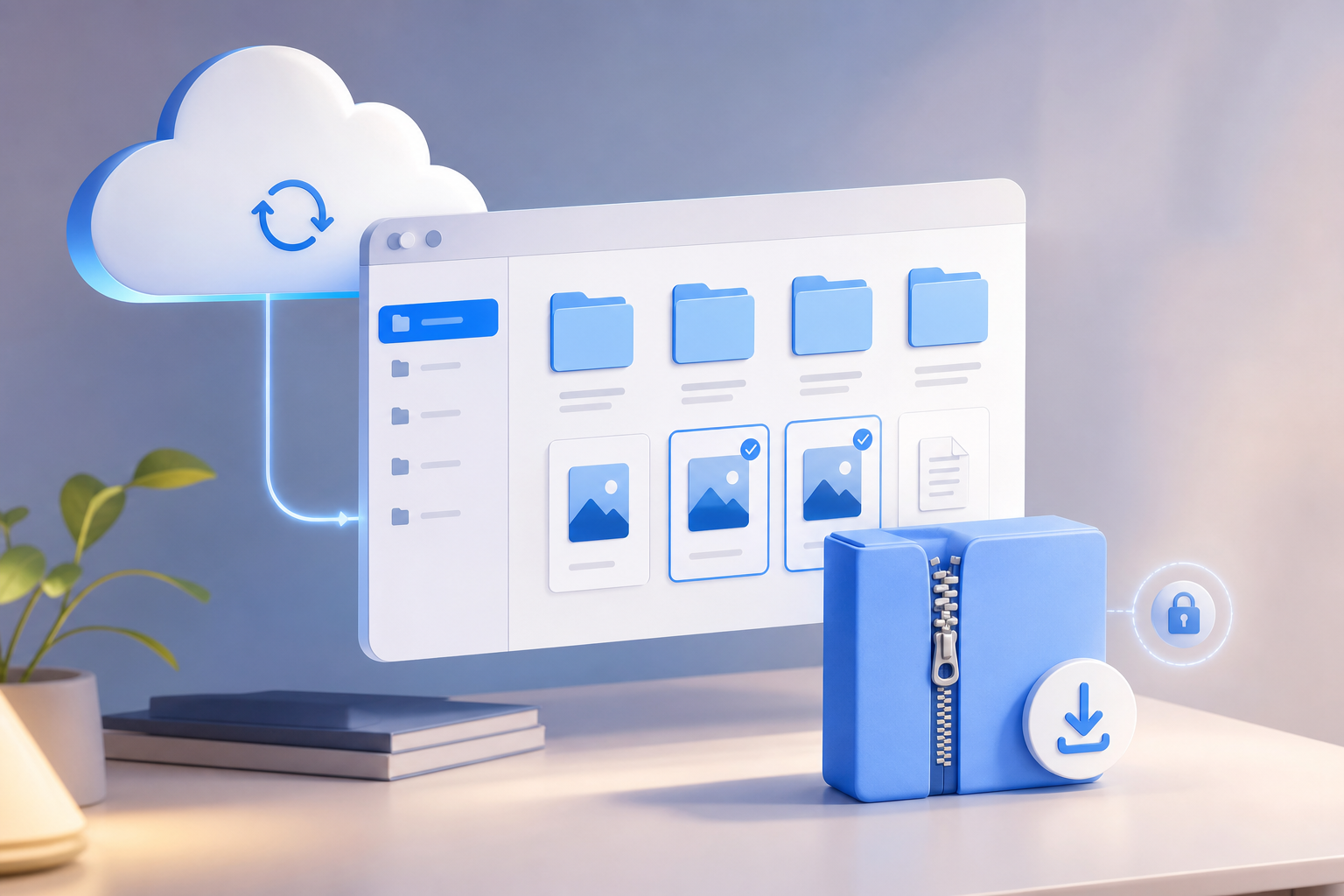 Equipe preparando um pacote ZIP de entrega com arquivos organizados e versões preservadas na Cloud