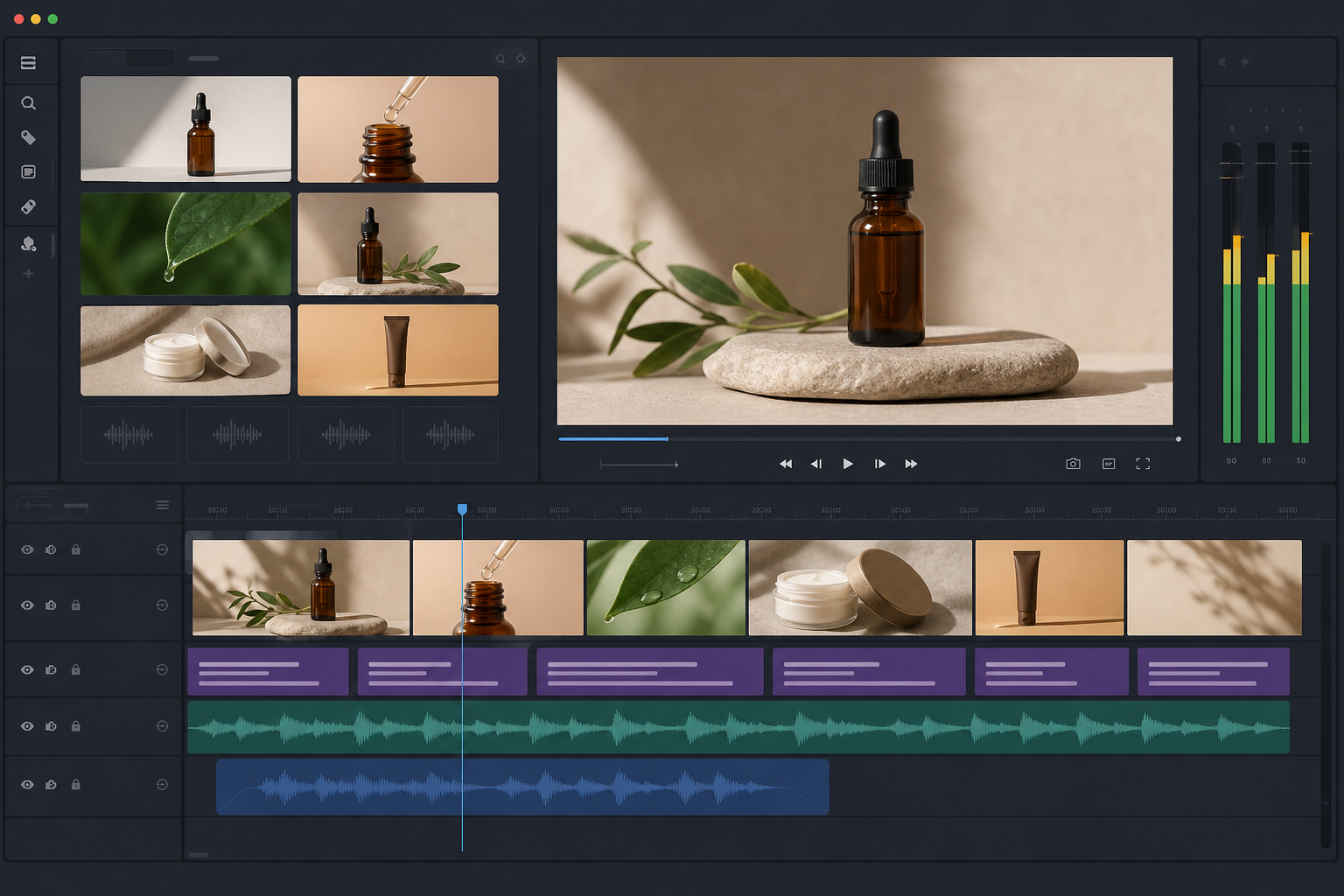 Linha do tempo multipista com imagens, áudio, textos e legendas organizada para exportar um vídeo