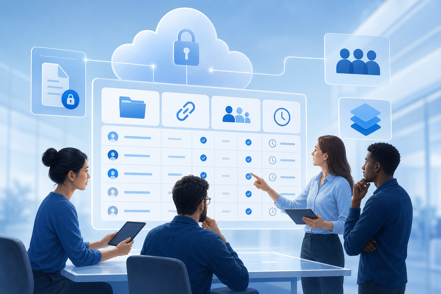 Team reviewing permissions, links, and versions before closing access to shared files