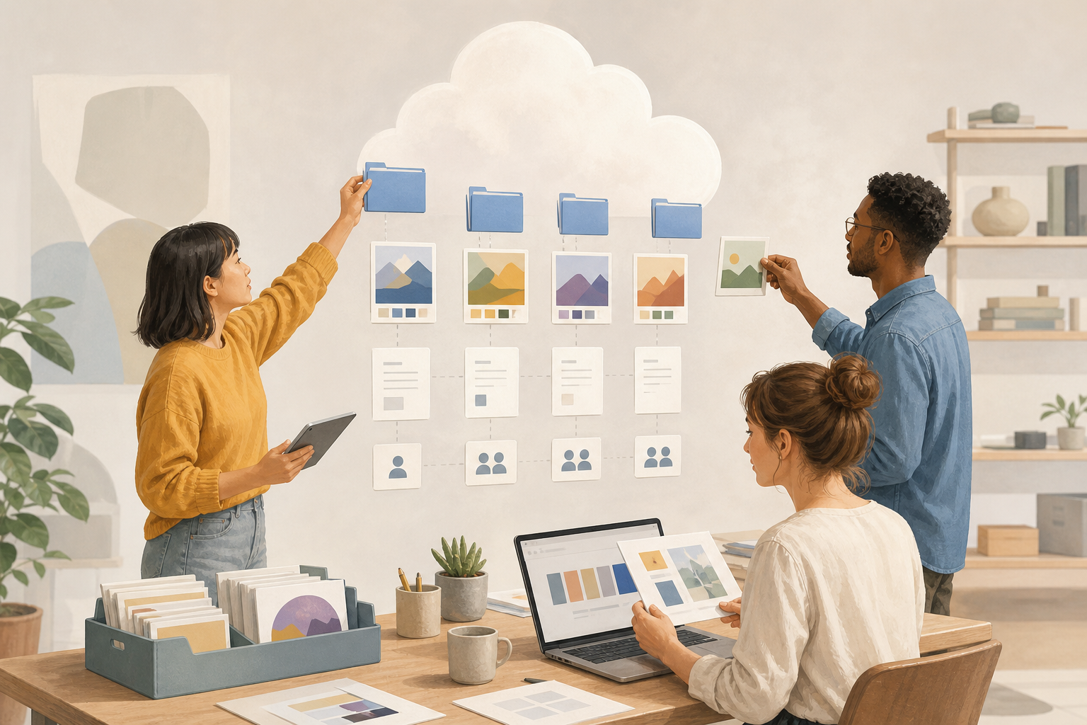 Bibliothèque Cloud avec dossiers de marque, fichiers maîtres, variantes exportées et liens de livraison