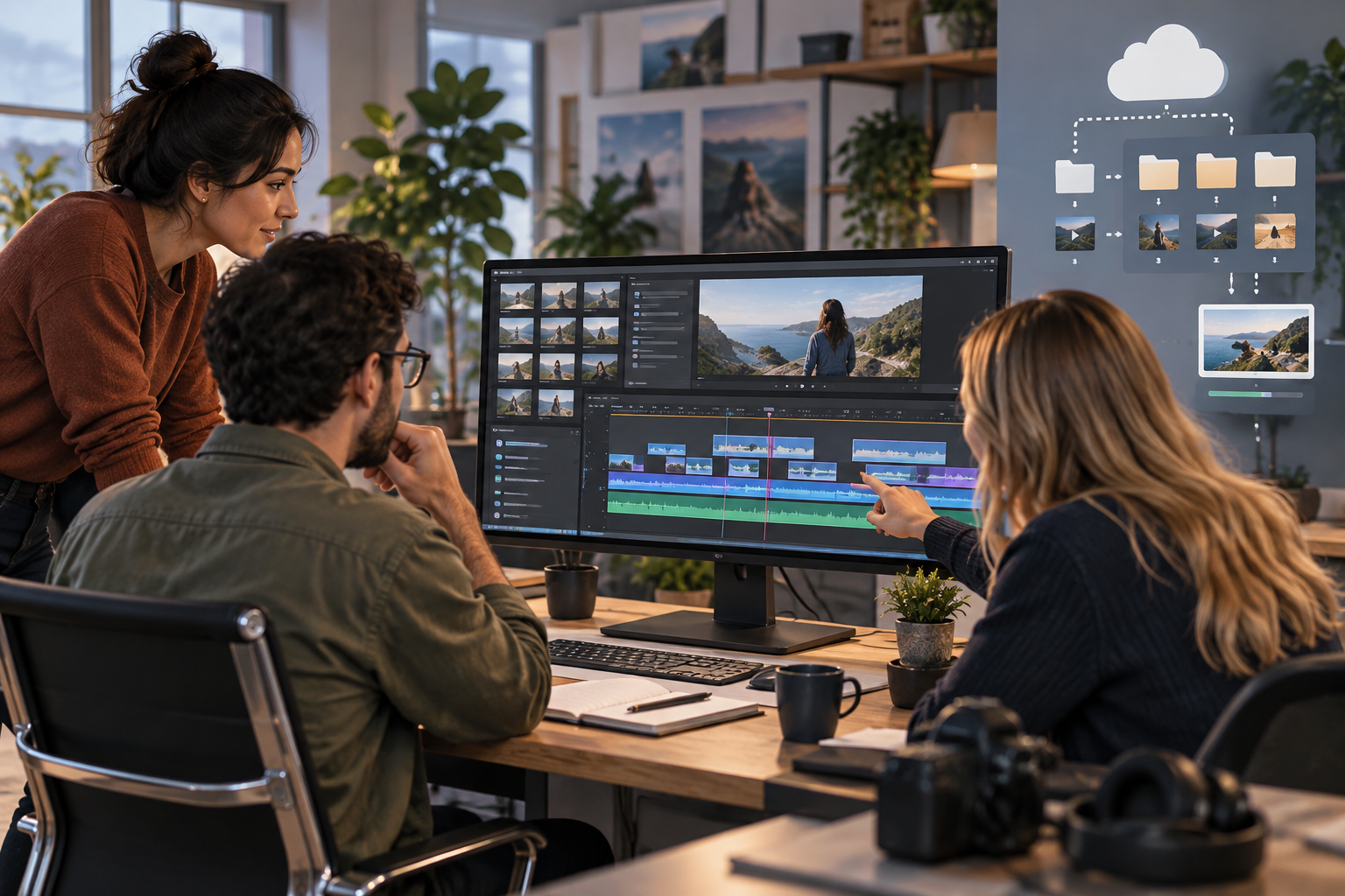 Videoeditor mit einer langen Aufnahme, die auf einer Zeitleiste in kurze Clips aufgeteilt ist