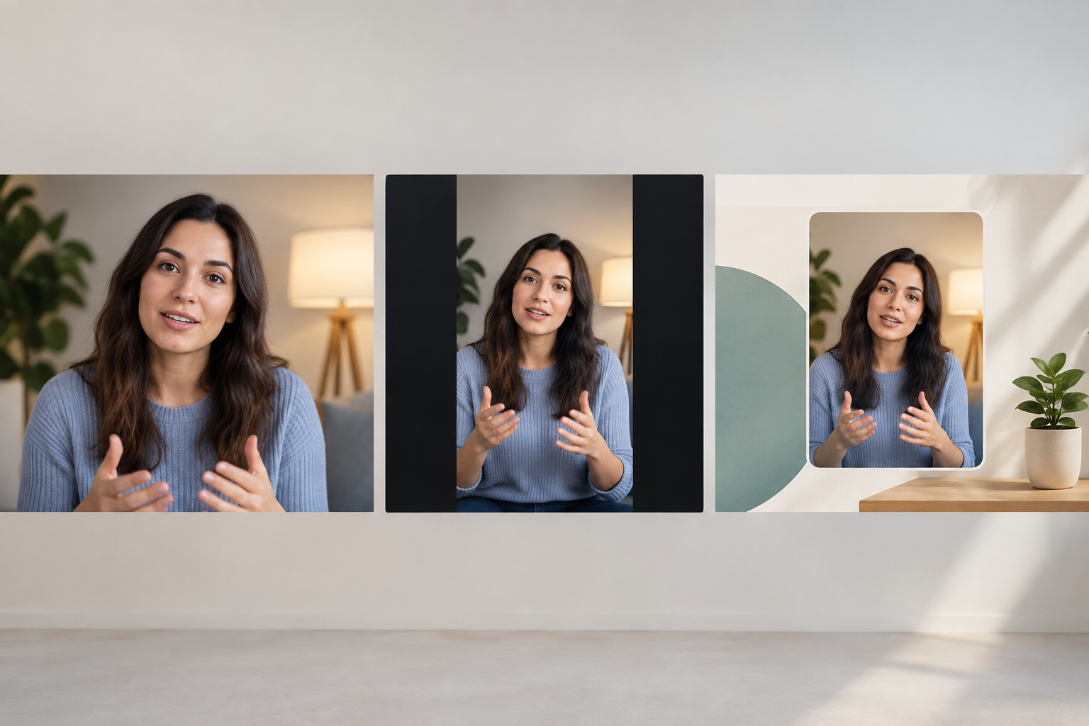 Comparação de um vídeo vertical adaptado a um formato horizontal com recorte, bandas laterais e uma composição gráfica