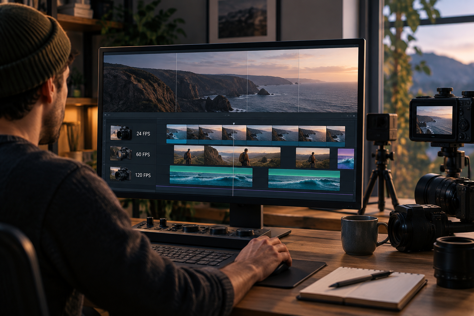 Video editor timeline with clips recorded at different frame rates