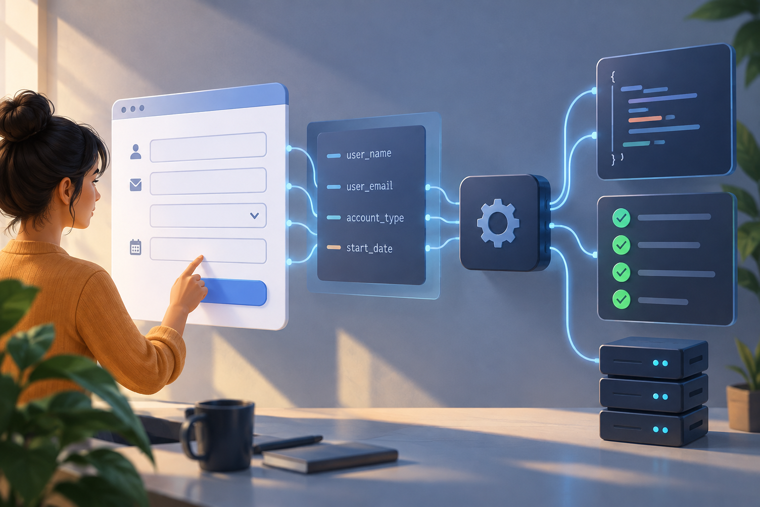 Ein Team prüft Formularfelder und Testantworten, bevor es eine API-Integration aktualisiert