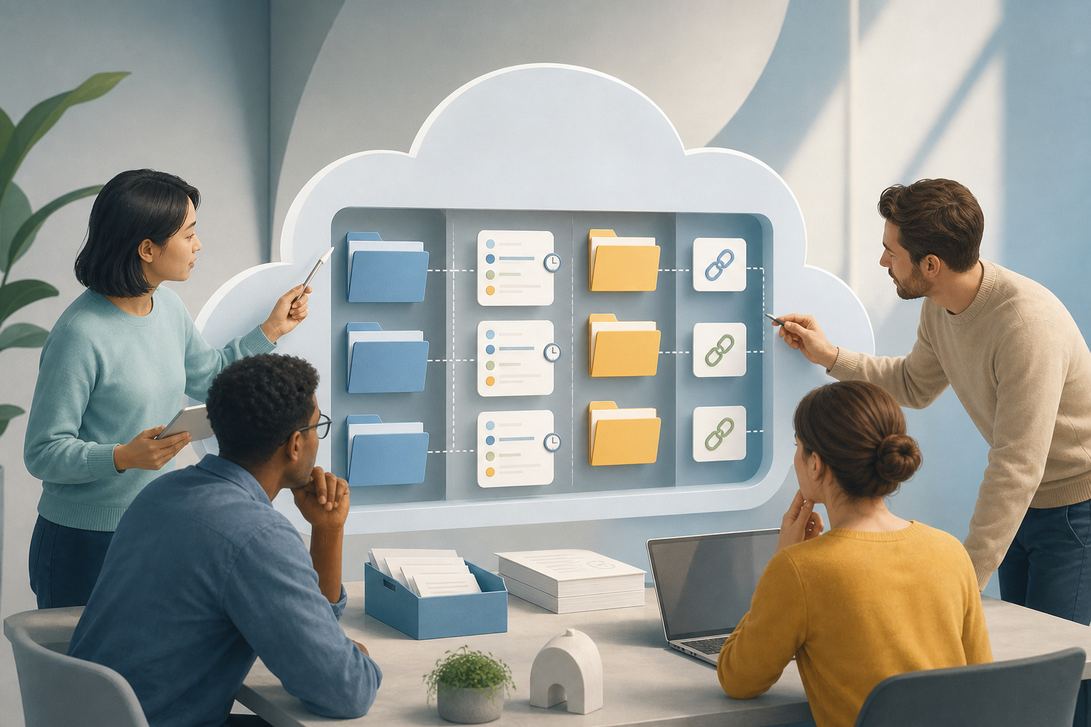 Team organizing document and file versions in a Cloud workspace