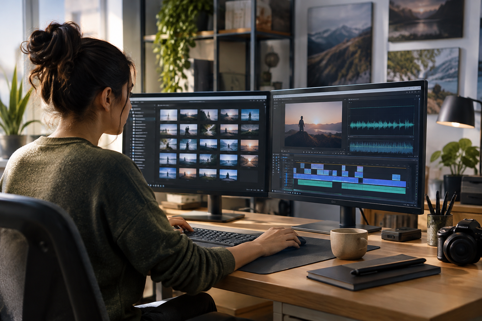 Persona che organizza file video e audio su una postazione di lavoro