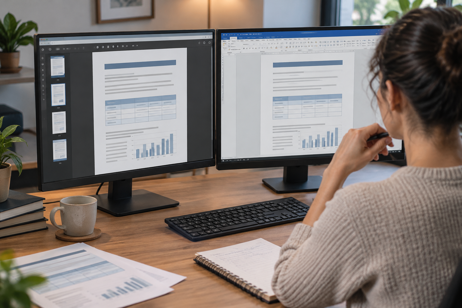 Personne vérifiant un document Word à côté du PDF original affiché à l’écran