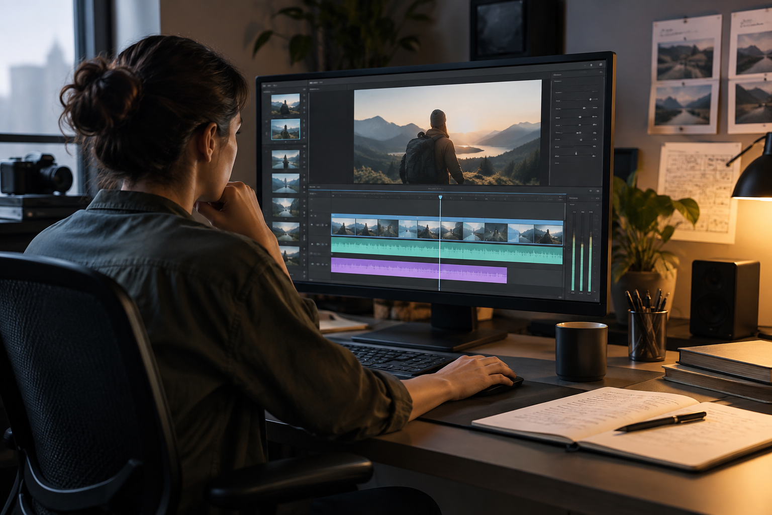 Editing audio description aligned with video and original audio on a multitrack timeline