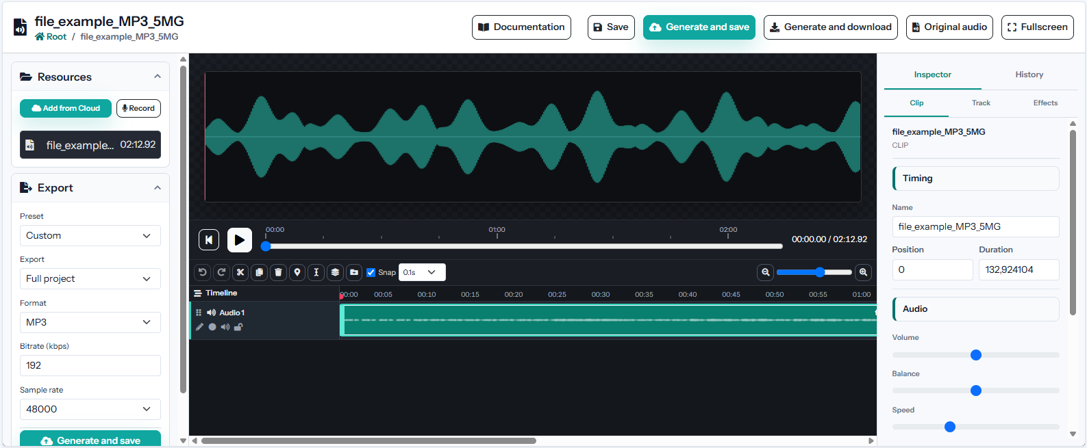 Interfaz de Audio Studio en Apification
