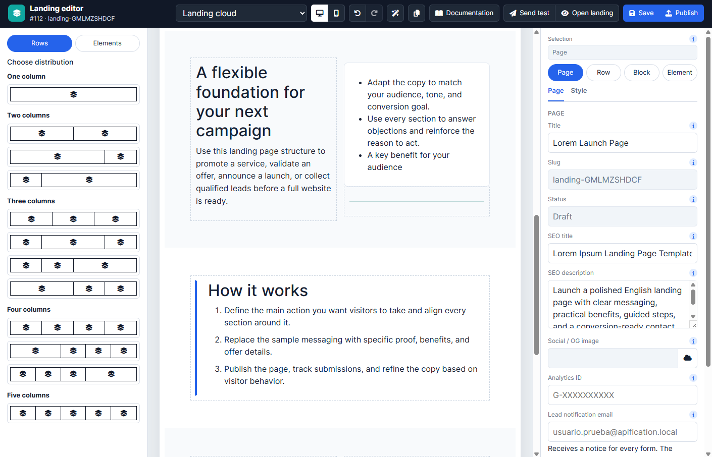 Interfaz de Landing pages en Apification
